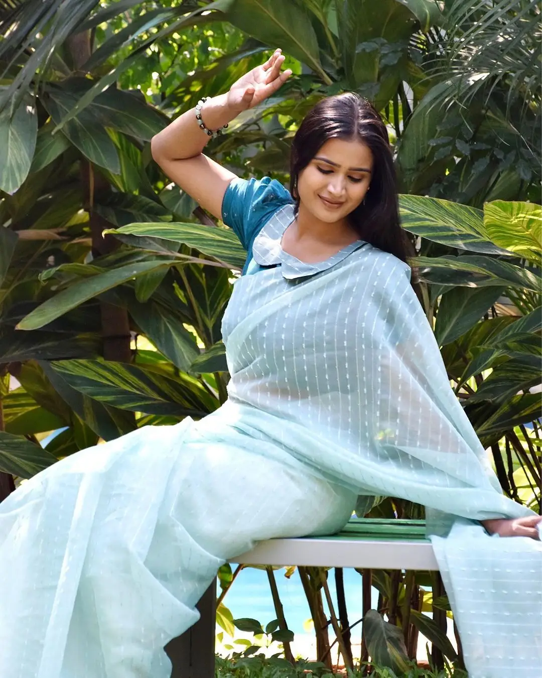 Indian Girl Kavya Shree In Traditional Green Saree Blouse